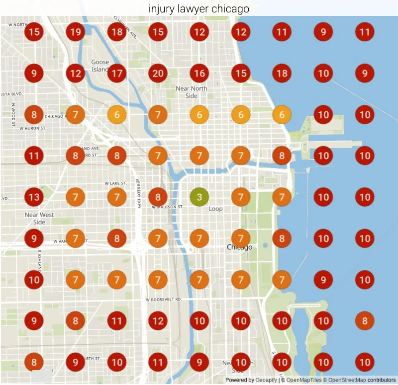 Google ranking grid for "Injury lawyer Chicago" in Chicago, IL before our work