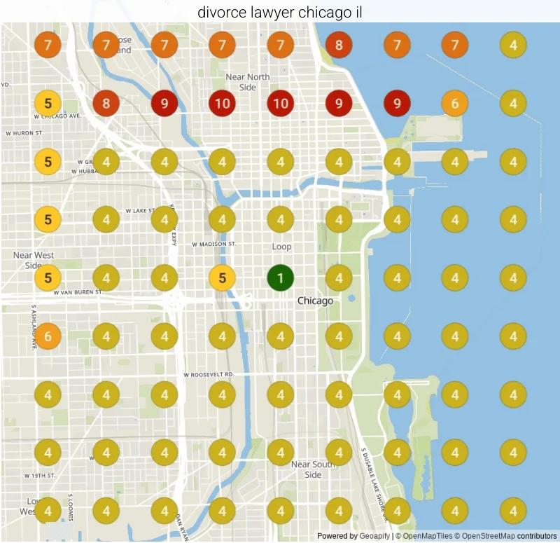 Google ranking grid for "Divorce lawyer Chicago IL" in Chicago, IL before our work