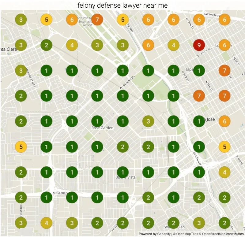 The same ranking grid for "Felony defense lawyer near me" in San Jose, CA after our work