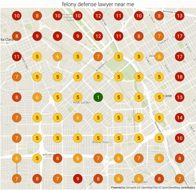 Google ranking grid for "Felony defense lawyer near me" in San Jose, CA before our work