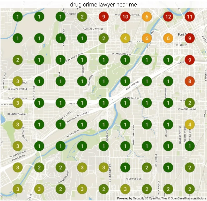 The same ranking grid for "Drug crime lawyer near me" in Fort Worth, TX after our work