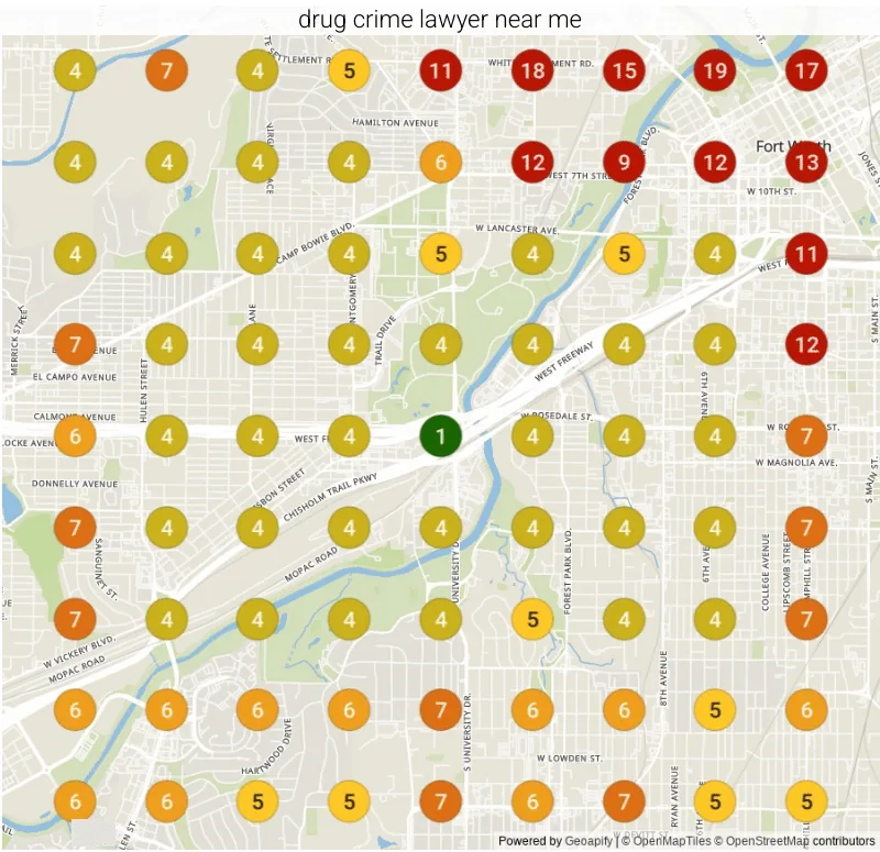 Google ranking grid for "Drug crime lawyer near me" in Fort Worth, TX before our work