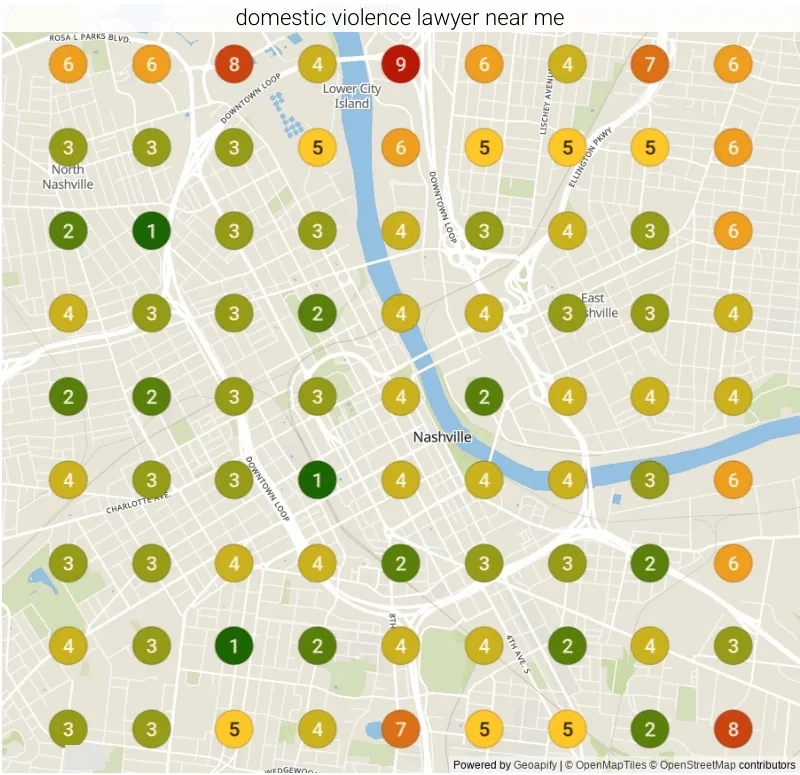 The same ranking grid for "Domestic violence lawyer near me" in Nashville, TN after our work
