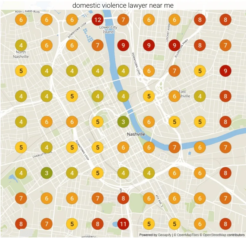Google ranking grid for "Domestic violence lawyer near me" in Nashville, TN before our work