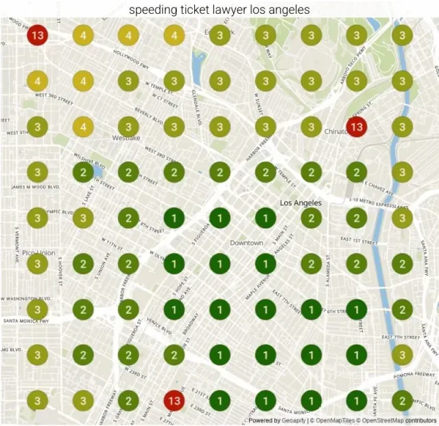 The same ranking grid for "Speeding ticket lawyer Los Angeles" in Los Angeles, CA after our work