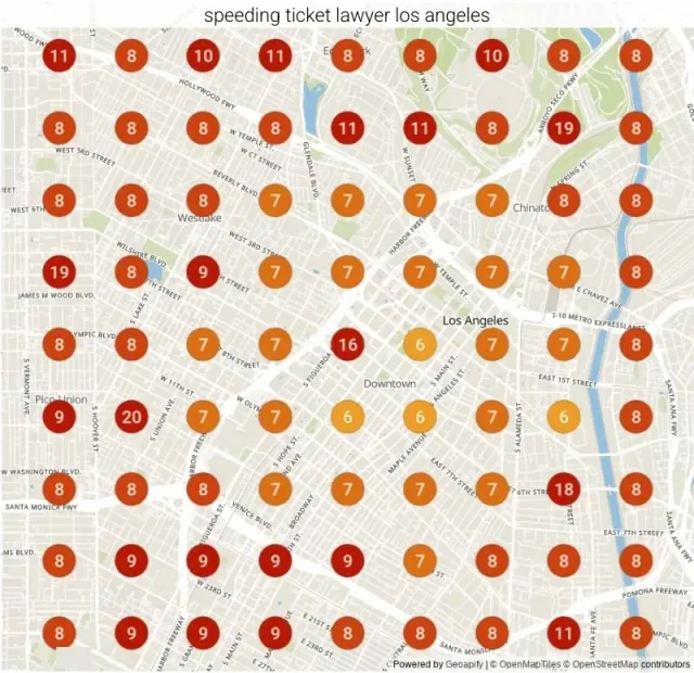 Google ranking grid for "Speeding ticket lawyer Los Angeles" in Los Angeles, CA before our work