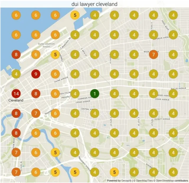 Google ranking grid for "DUI lawyer Cleveland" in Cleveland, OH before our work
