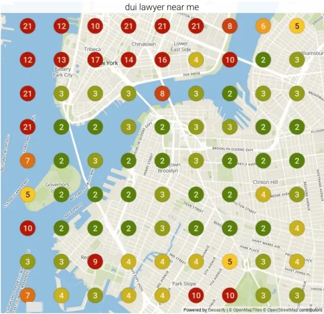 The same ranking grid for "DUI lawyer near me" in Brooklyn, NY after our work