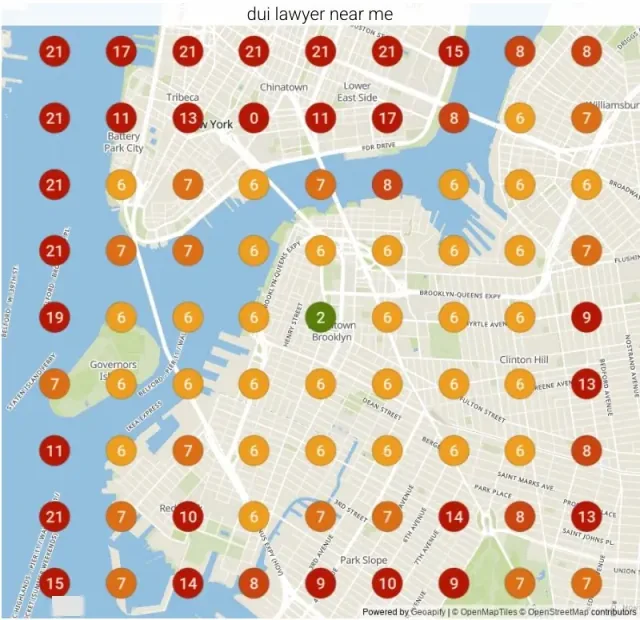 Google ranking grid for "DUI lawyer near me" in Brooklyn, NY before our work